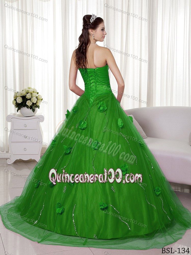 Green A-line Sweetheart Brush Train Quinceanera Dress with Flowers