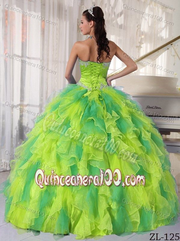 Paris Fashion Week Yellow and Green Dress For Quince with Beaded Bodice and Ruffled Skirt