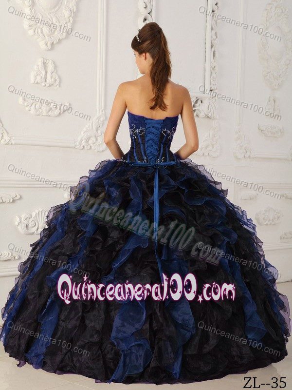 Limited Navy Blue and Black Strapless Quinceanera Gown Dress with Ruffled Skirt