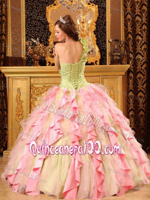 Green and Pink One Shoulder Quince Dress with Beading and Ruffles