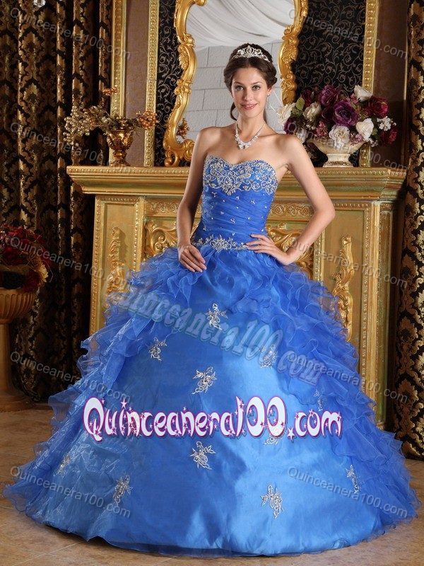 Blue Sweetheart Organza Quinceanera Dress with Ruffles and Appliques