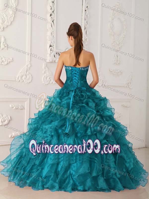 Teal Ball Gown Strapless Embroidery Quinces Dresses