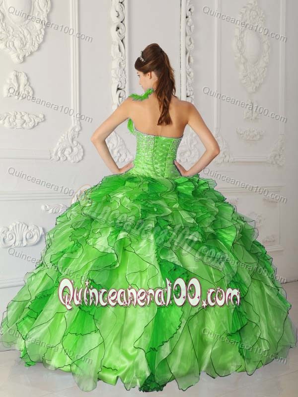 Strapless Spring Green Quinces Dresses with Beading and Ruffles