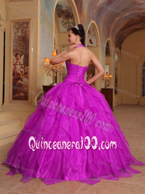 Fuchsia Ball Gown Halter Top Sweet 16 Dress with Appliques