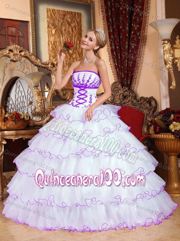 Appliqued White and Purple Dresses for 15 with Ruffled Layers