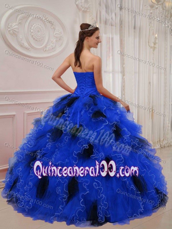 Blue and Black Ball Gown Sweetheart Ruffled Sweet 15 Dress