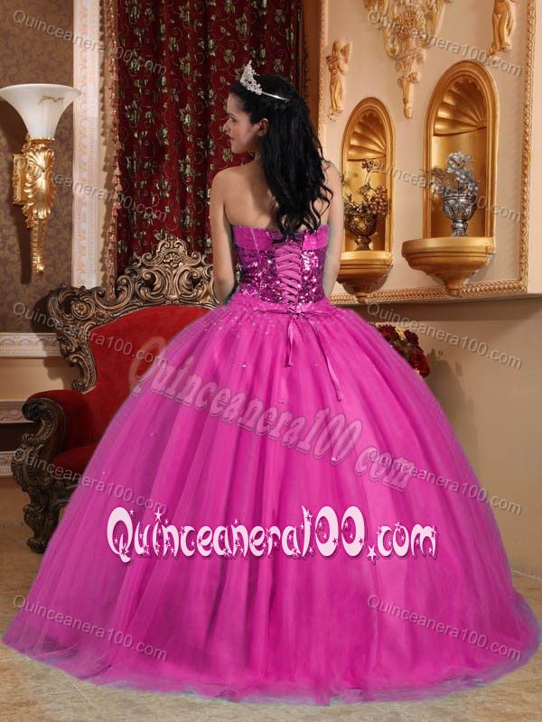Brand New Sequins Tulle Appliqued Hot Pink Sweet 15 Dresses