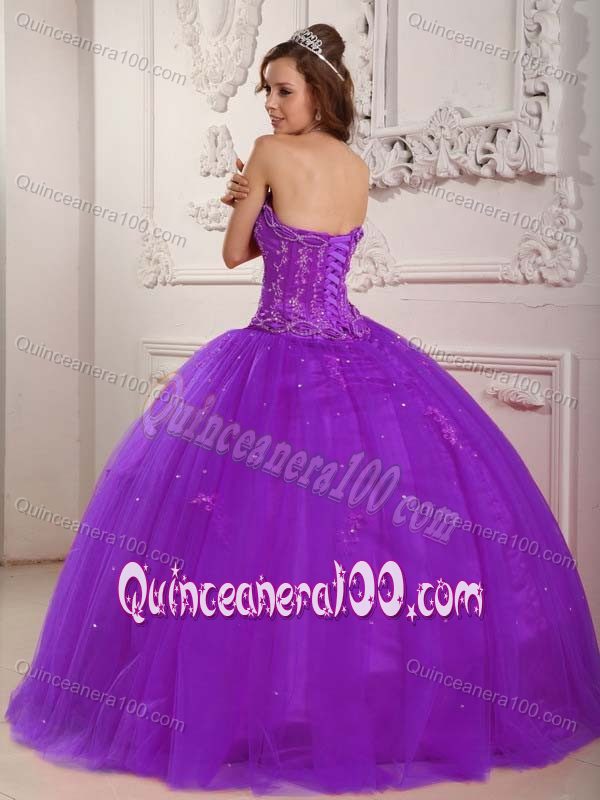 Purple Tulle Ball Gown Beading Strapless Quince Dresses