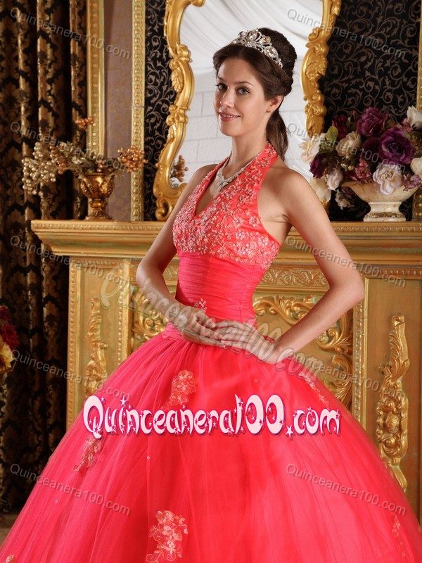 Coral Red Halter Appliques Ruched Bodice Dress for Quince