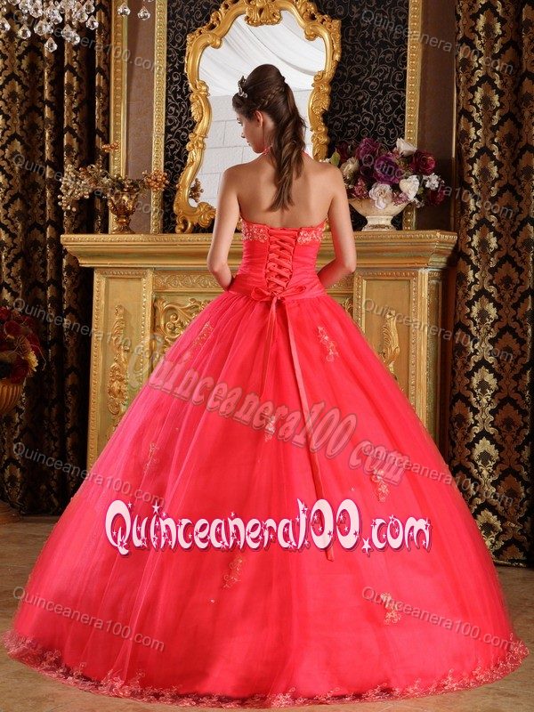 Coral Red Halter Appliques Ruched Bodice Dress for Quince