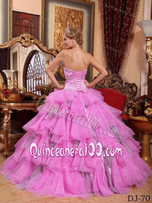 Multi-tiered Appliqued Pink Ruffled Quinceanera Party Dress