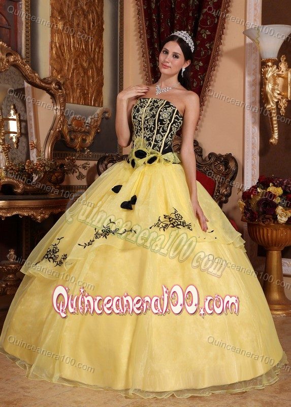 Embroidery Hand Made Flower Yellow Ball Gown Dresses15
