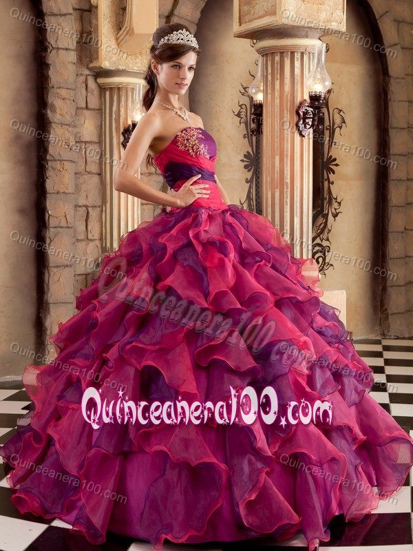 Multi-color Strapless Ruffled Organza Quinceanera Dress