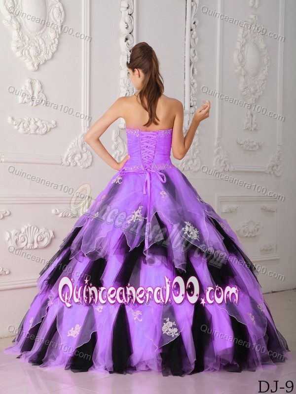 Lavender and Black Organza Quinceanera Dress with Appliques
