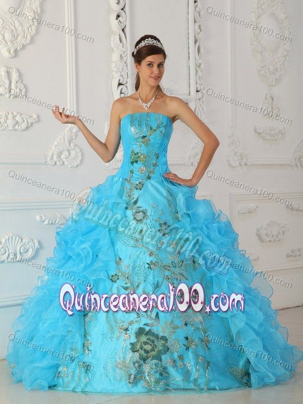 Aqua Blue Floor-length Ruffled Organza Quinceanera Gown Dresses