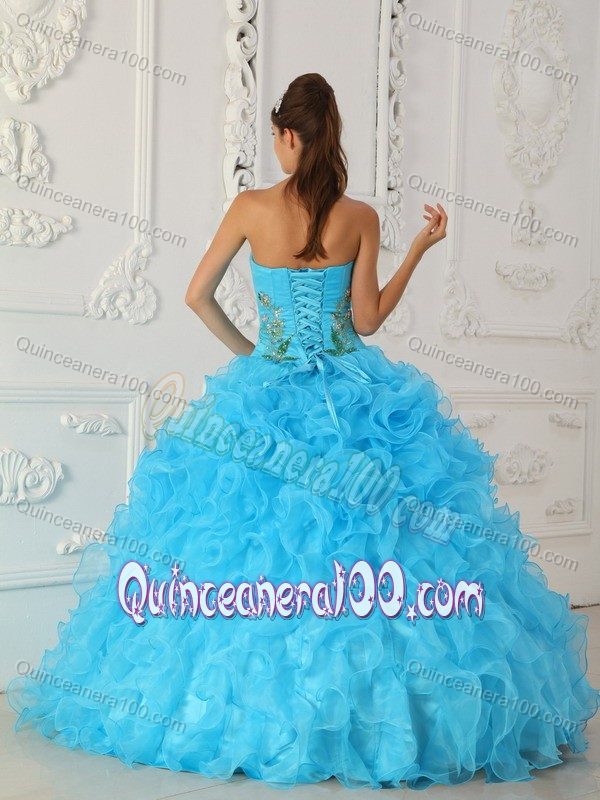 Aqua Blue Floor-length Ruffled Organza Quinceanera Gown Dresses