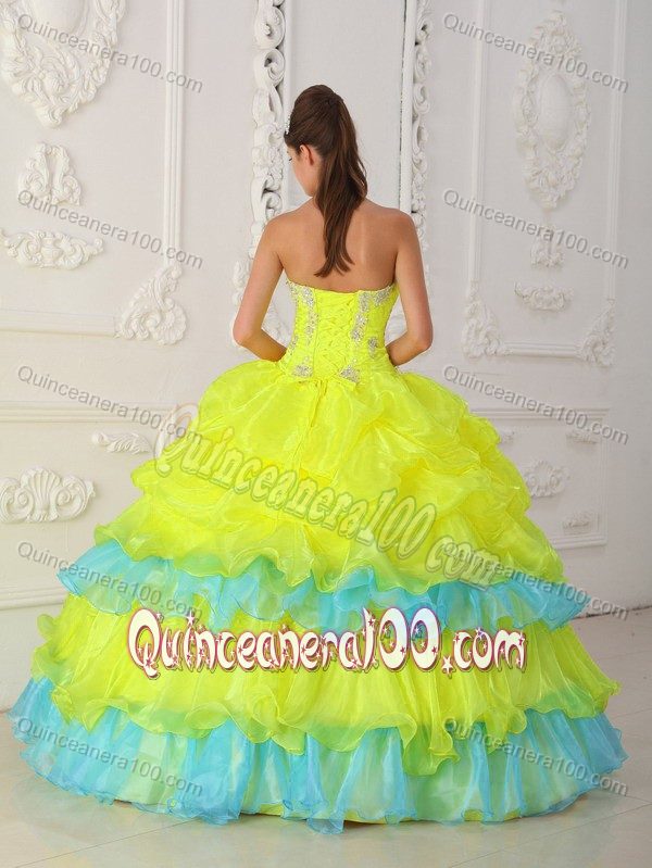 Yellow Floor-length Layered Organza Dress for Quinceaneras