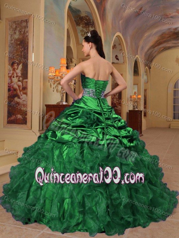 Green Taffeta and Organza Dress for Quinceaneras with Pick-ups