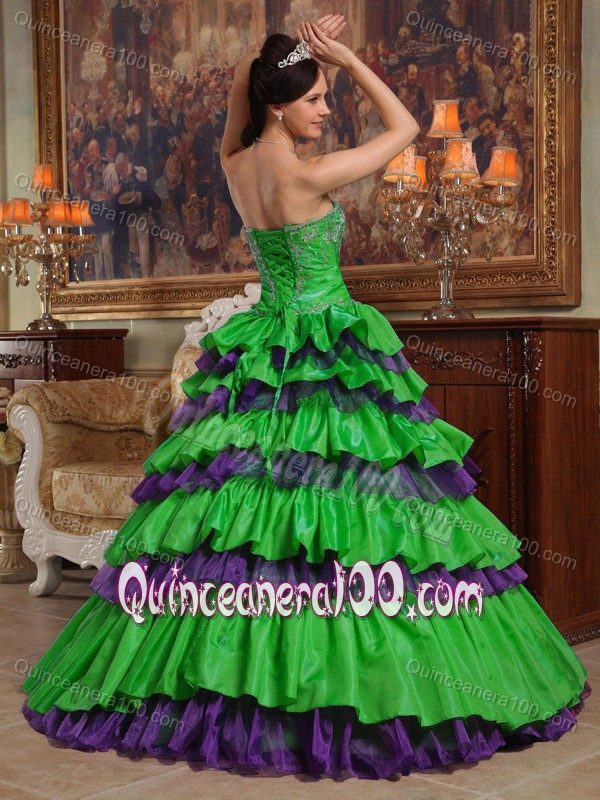 Green and Purple Taffeta and Organza Ruffled Quince Dresses