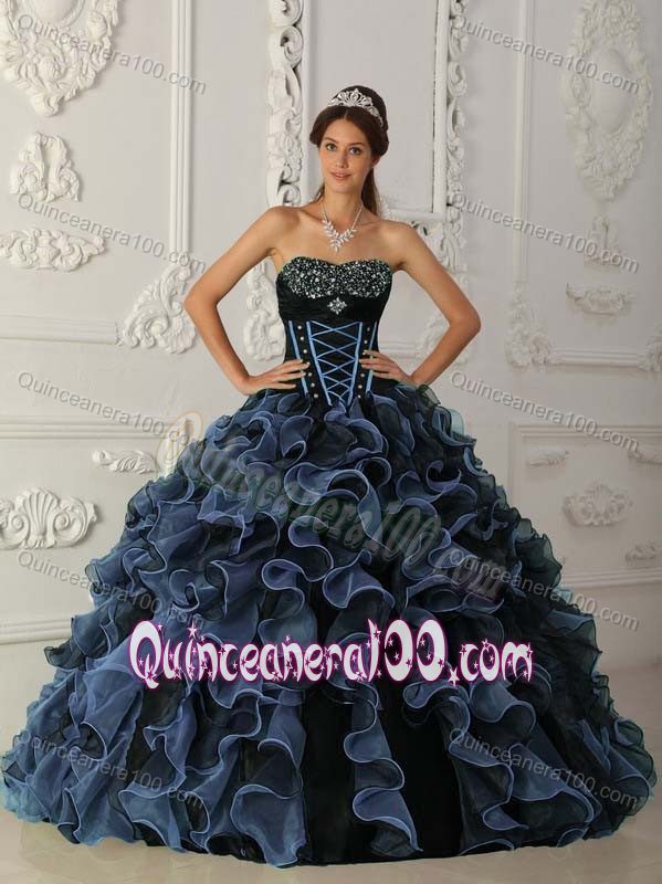 Blue and Black Floor-length Ruffled Organza Quinceanera Gown Dress