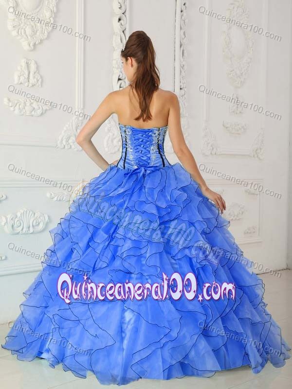 Blue Strapless Organza Dress for Quinceaneras with Ruffles