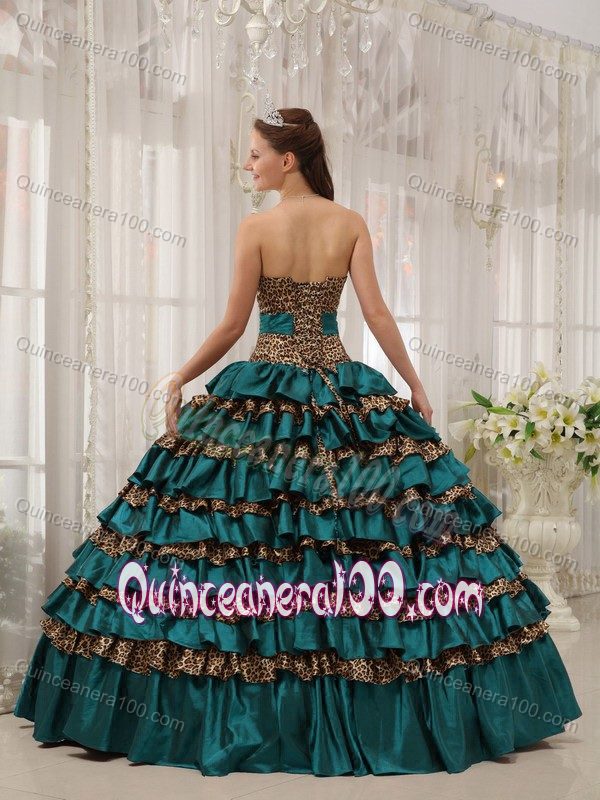 Multi-tiered Turquoise Leopard Sweetheart Dresses for Quince
