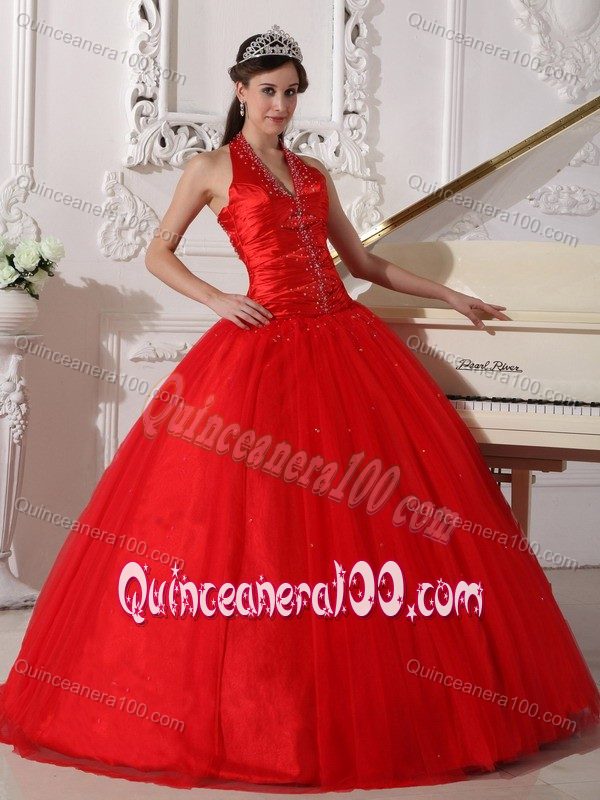 Red V-neck Beaded Tulle Quinceanera Gown Dresses with Ruches