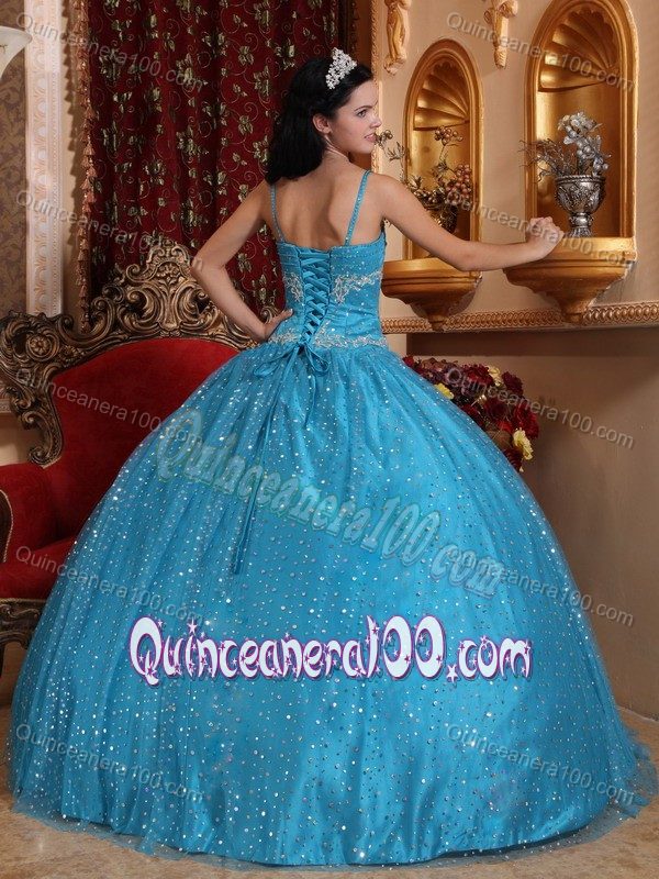 Aqua Blue Spaghetti Straps Quinceanera Gown Dresses with Sequins