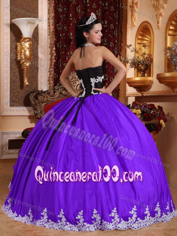 Black and Purple V-neck Taffeta and Organza Quinceanera Dresses