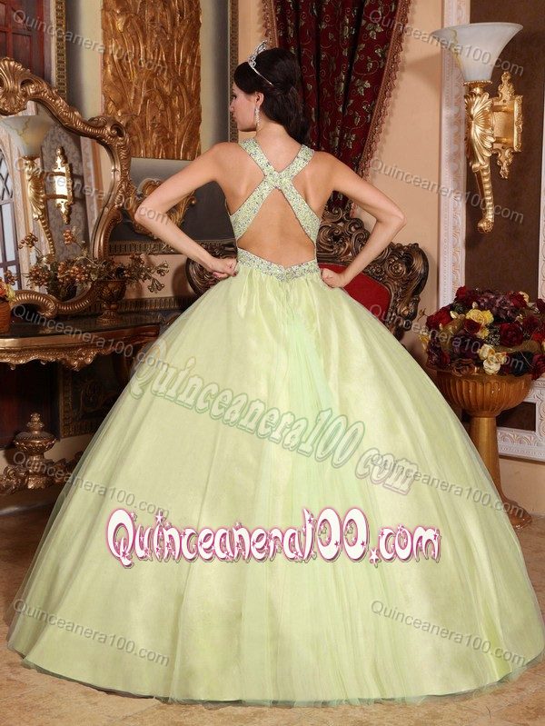 Discount Yellow Green V-neck Beaded Floor-length Sweet Sixteen Dresses