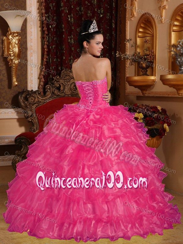 Hot Pink Strapless Layered Organza Dress for Quinceaneras