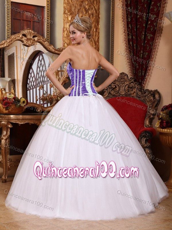 2013 Chichi Purple and White Strapless Tulle Quinceanera Dress