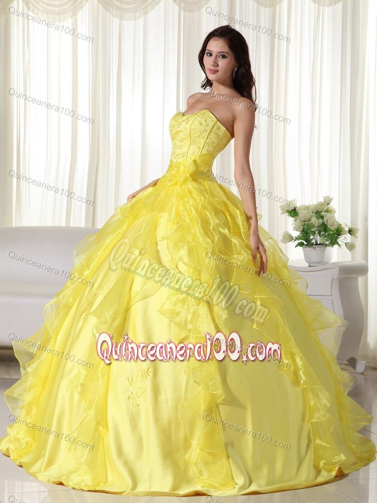 Yellow Floor-length Taffeta Embroidery Quinceanera Gown Dresses