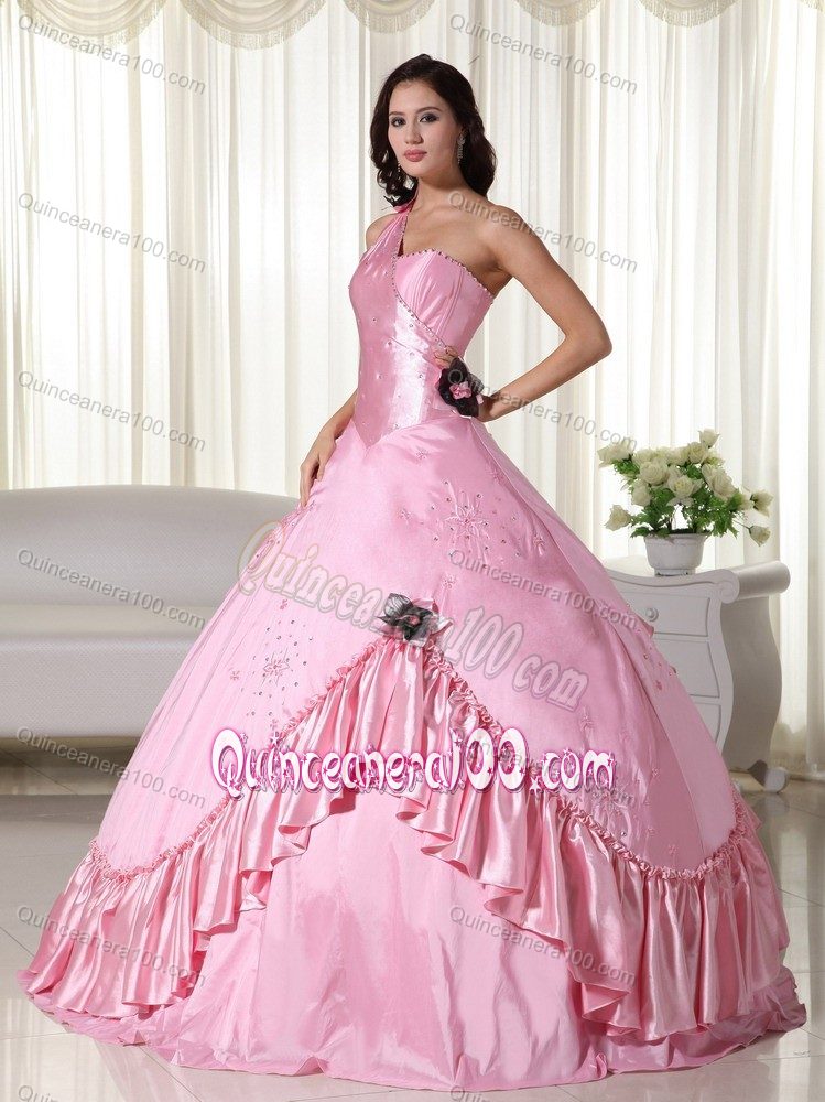 Baby Pink One Shoulder Beaded Taffeta Sweet Sixteen Dresses