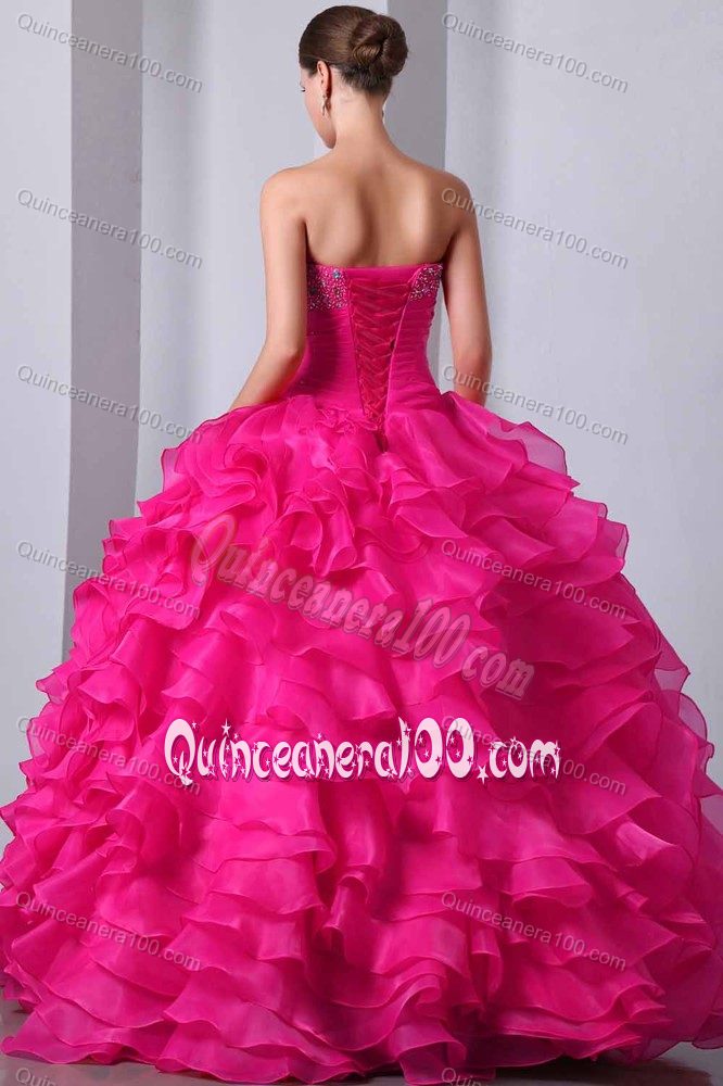Breathtaking Hot Pink Sweetheart Beaded Ruffled Dresses Of 15