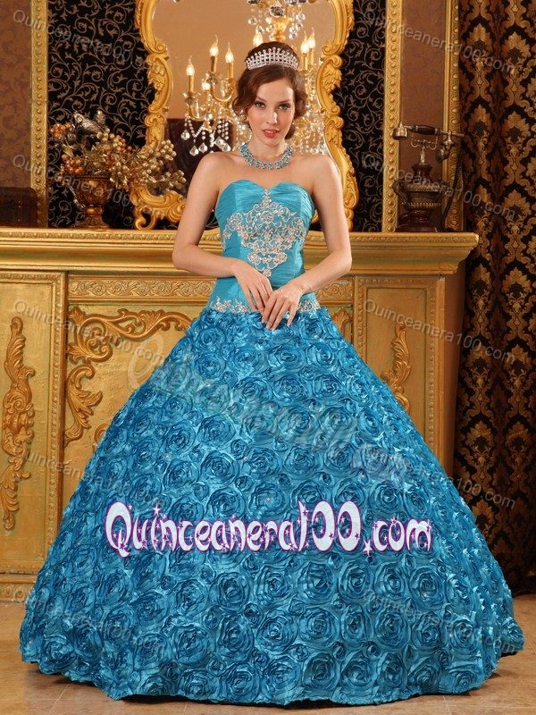 Wholesale Embossed Fabric Appliqued Teal Dresses for a Quince