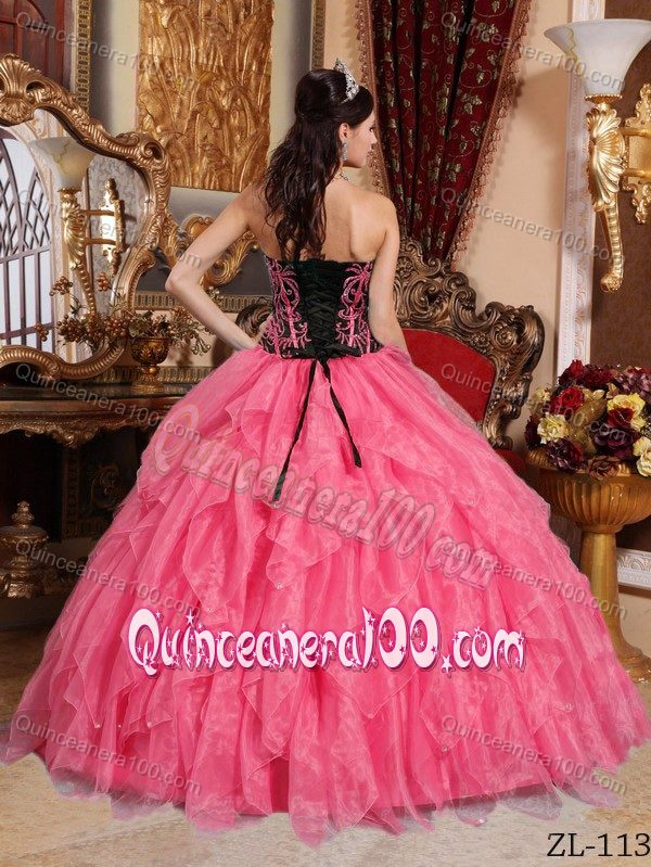 Watermelon Red and Black Corset Ruffled Quinceanera Dresses
