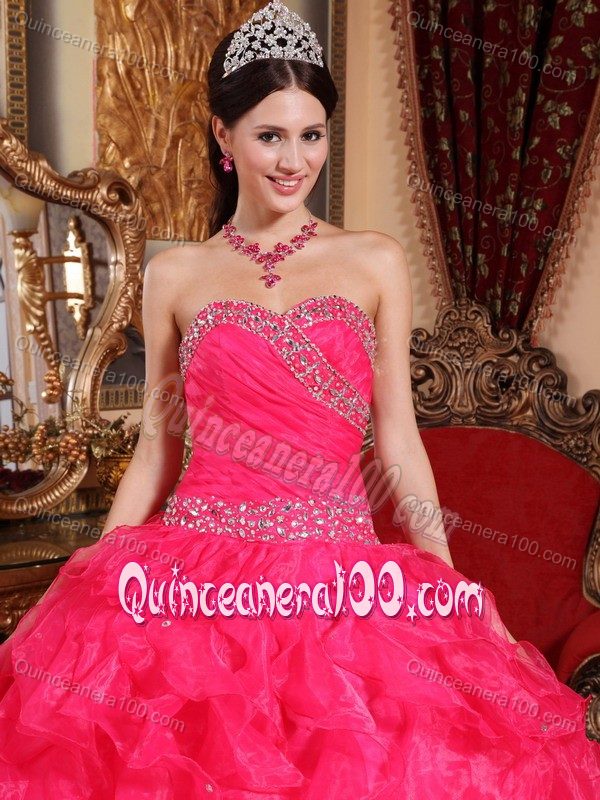 Perfect Beaded Ruffled Coral Red Quinceanera Dress Wholesale