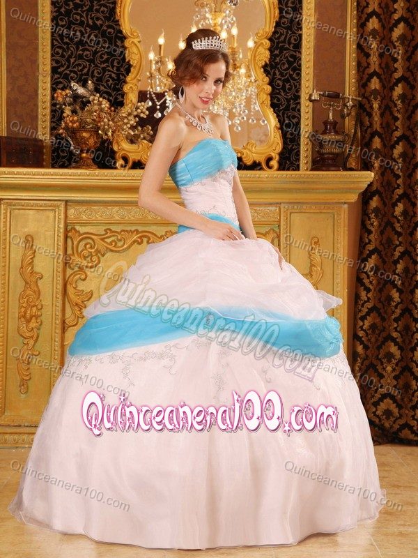 Qualified Appliqued White and Aqua Blue Quinceanera Dress