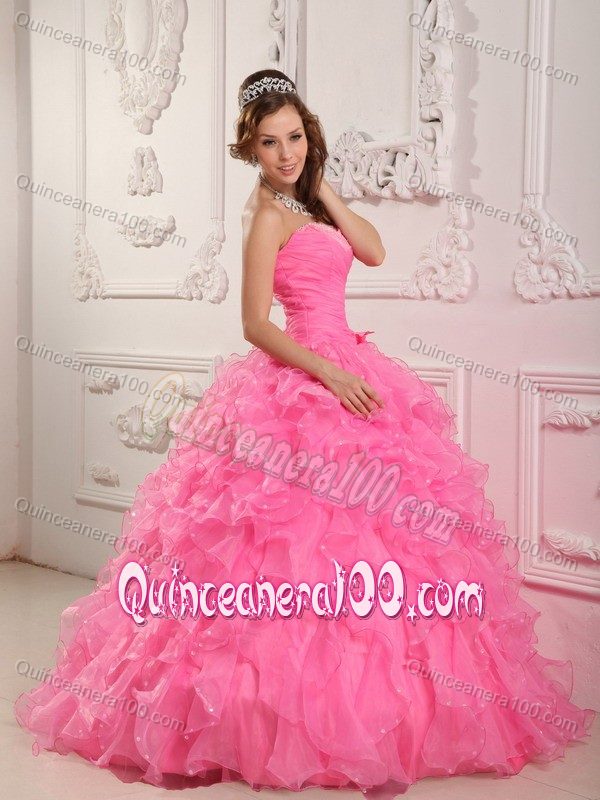 Pretty Rose Pink Ruffled Beaded Sweet 15 Dress with Flower