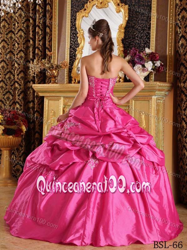Hot Pink Taffeta Appliques Quince Dress with Pick-ups on Discount