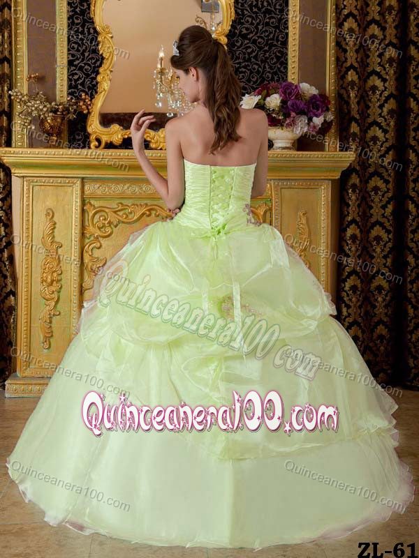 Yellow Green Strapless Quinceanera Party Dresses with Appliques