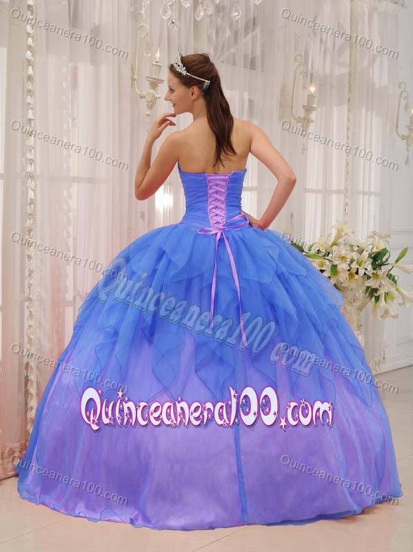 Blue Ball Gown Ruffles Dress for Sweet 16 with Beading and Ruche
