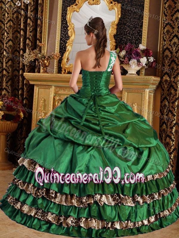Green One Shoulder Appliques Dresses for Sweet 16 with Leopard