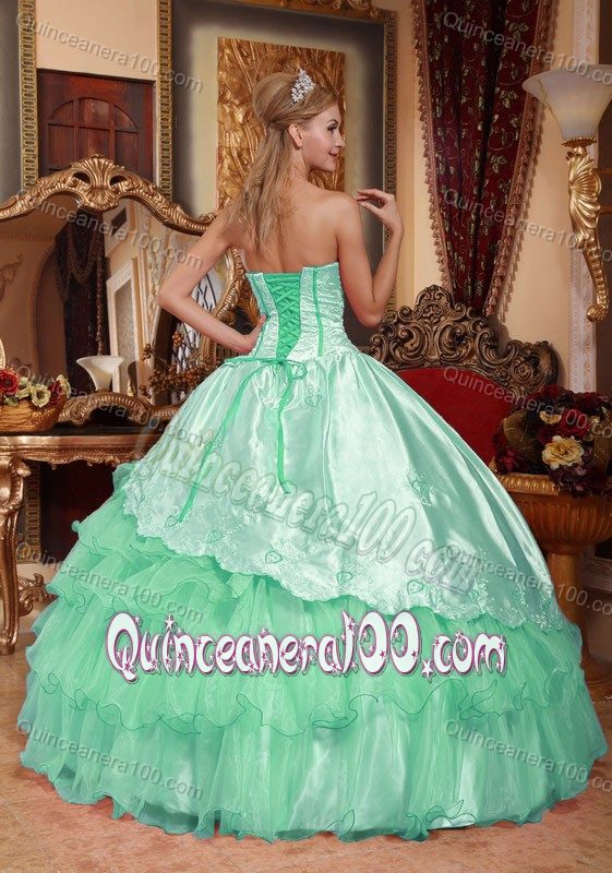 Apple Green Taffeta and Organza Quince Dresses with Ruffled Layers