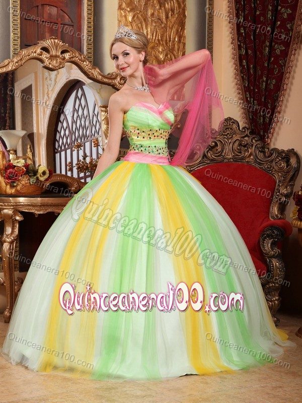 Lovely Multi-colored Sweetheart Tulle Quinces Dresses with Beading