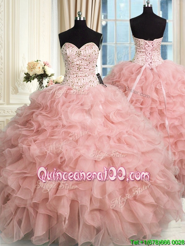 Glittering Baby Pink Ball Gowns Organza Sweetheart Sleeveless Beading