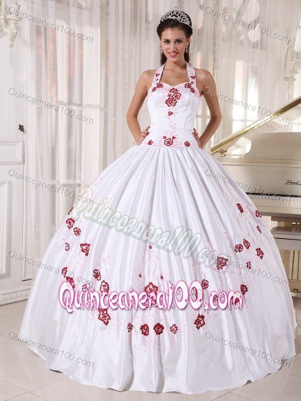 Pleated Halter White Quince Dress with Red Appliques Custom Made