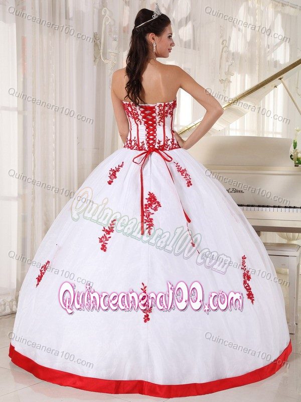 White Strapless Dresses Quinceanera with Red Hem and Appliques