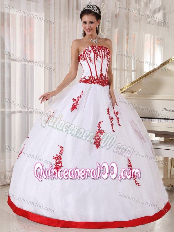 White Strapless Dresses Quinceanera with Red Hem and Appliques